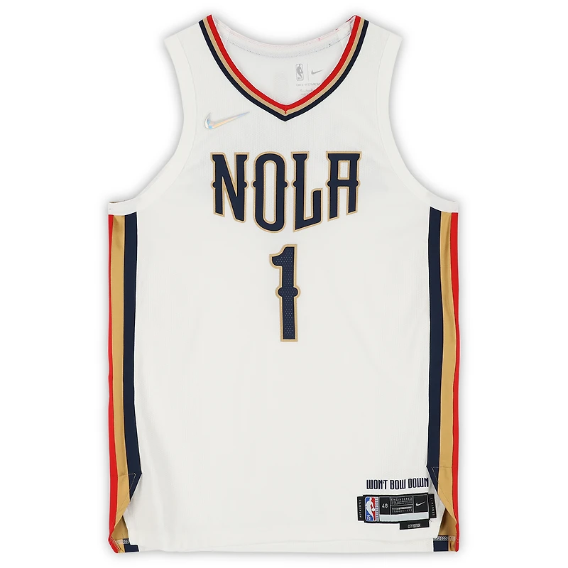 Maillot authentique Nike City Edition blanc dédicacé par Zion Williamson des New Orleans Pelicans