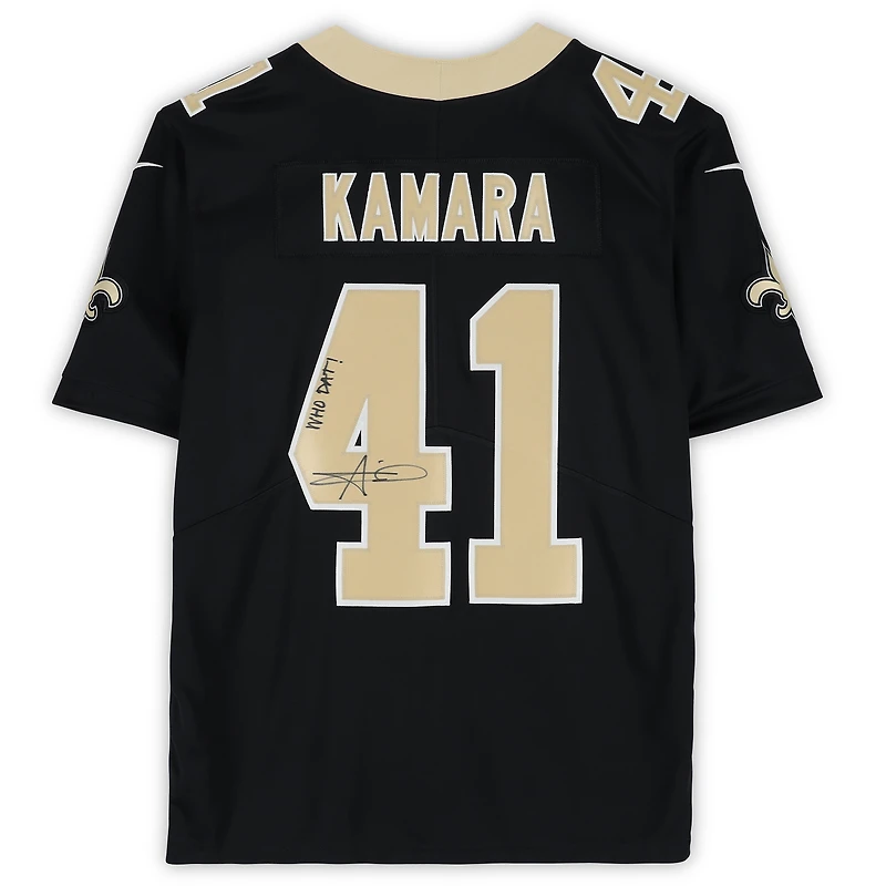 Alvin Kamara New Orleans Saints Autographed Black Nike Limited Jersey with "Who Dat" Inscription