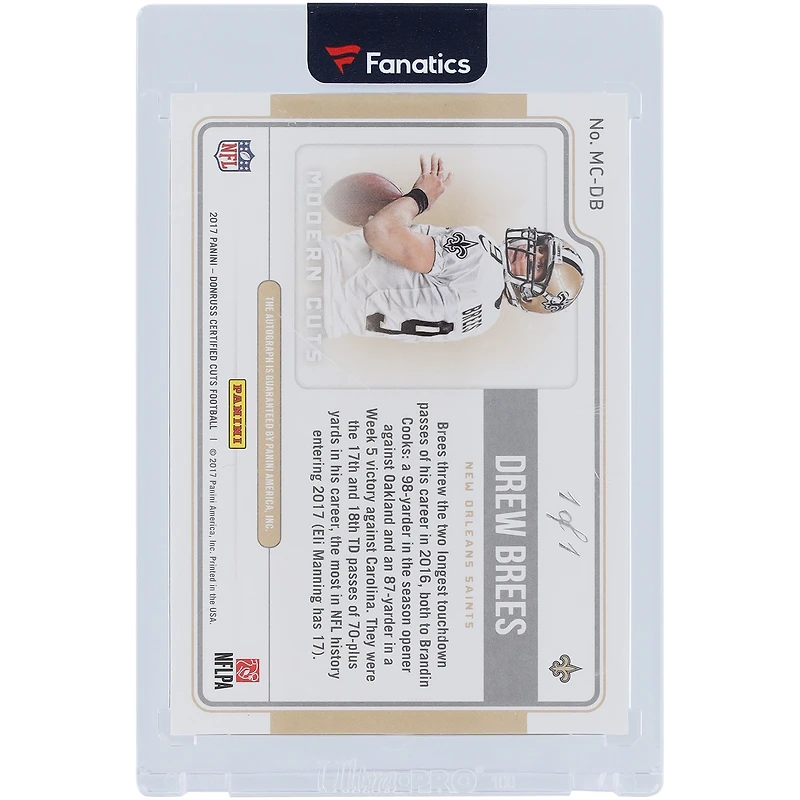 Carte Panini certifiée 2017 autographiée par Drew Brees des Saints de la Nouvelle-Orléans #MC-DB #1/1