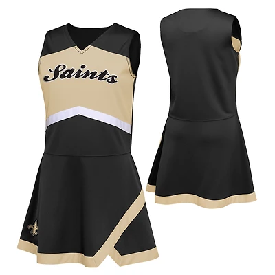 Ensemble deux pièces noir New Orleans Saints pour filles d'âge préscolaire : robe-salopette et bloomer de capitaine cheerleading.