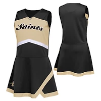 Ensemble deux pièces noir New Orleans Saints pour filles d'âge préscolaire : robe-salopette et bloomer de capitaine cheerleading.