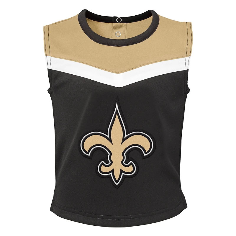 Ensemble deux pièces de pom-pom girl noire pour petites filles, aux couleurs des Saints la Nouvelle-Orléans, avec bloomer.