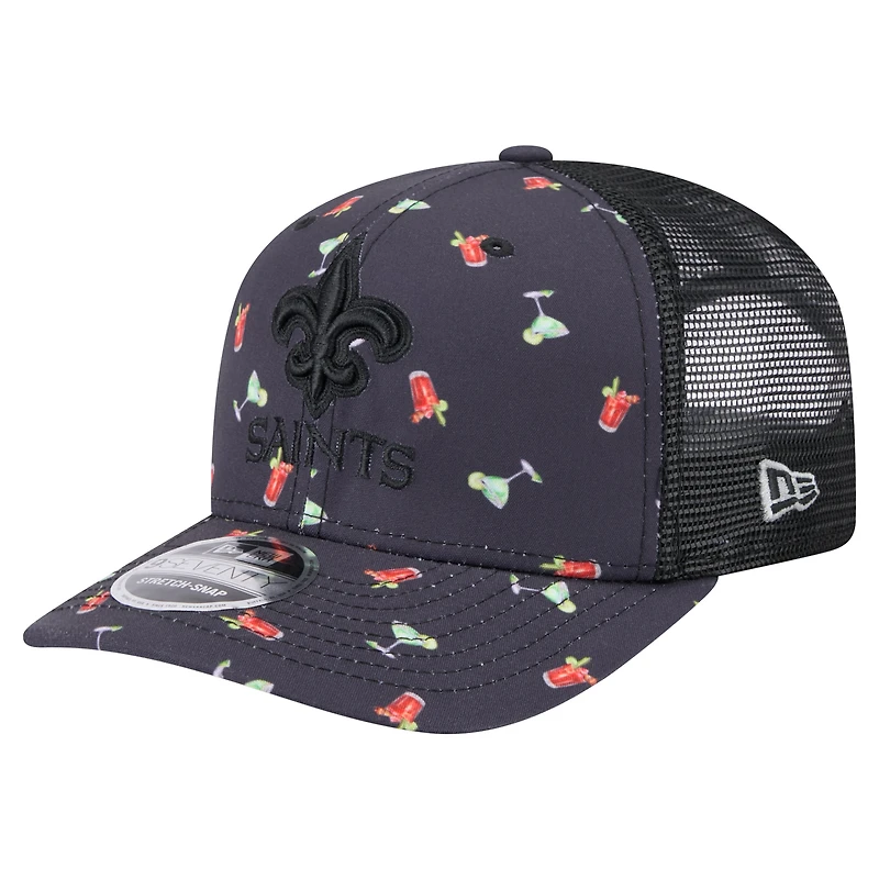 Men's New Era Navy/Black New Orleans Saints Adventure Drinks Pattern 9SEVENTY Stretch-Snap Hat