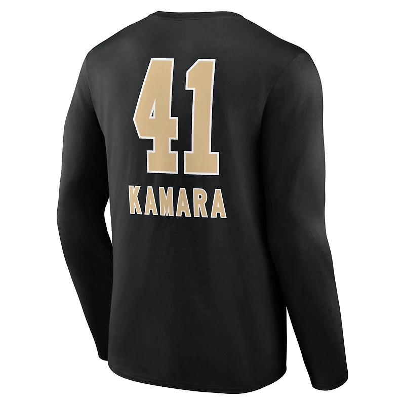 T-shirt à manches longues noir Alvin Kamara pour homme avec nom et numéro de l'équipe des Saints la Nouvelle-Orléans