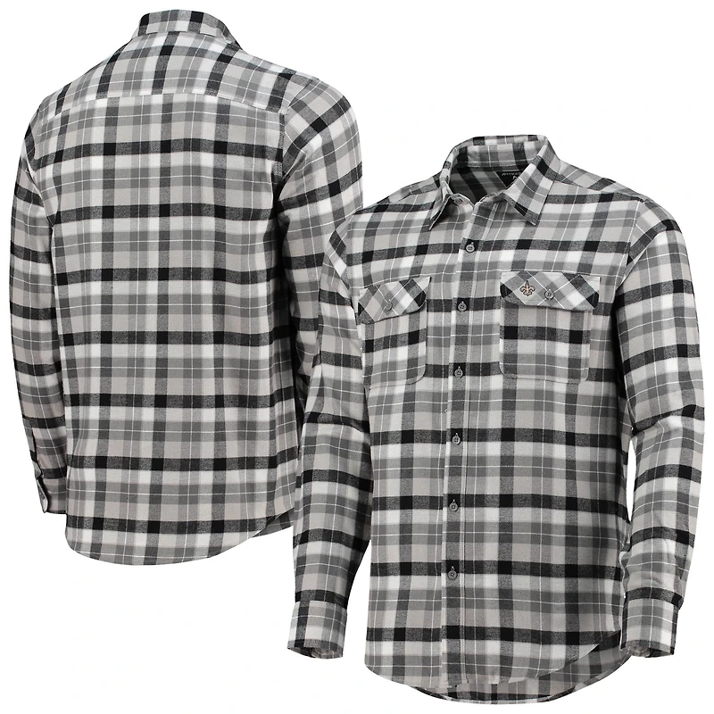 Chemise boutonnée à manches longues en flanelle noire/grise Antigua pour homme, motif Saints de la Nouvelle-Orléans