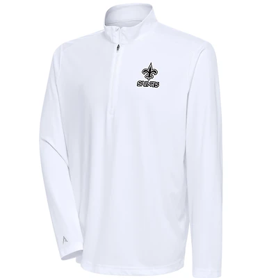 Men's Antigua White New Orleans Saints Metallic Logo Tribute Quarter-Zip Pullover Top