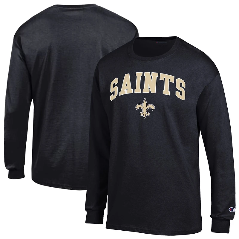 T-shirt à manches longues Champion noir pour homme, logo des Saints de la Nouvelle-Orléans.