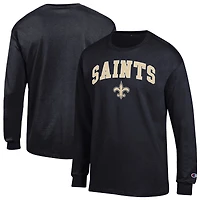 T-shirt à manches longues Champion noir pour homme, logo des Saints de la Nouvelle-Orléans.
