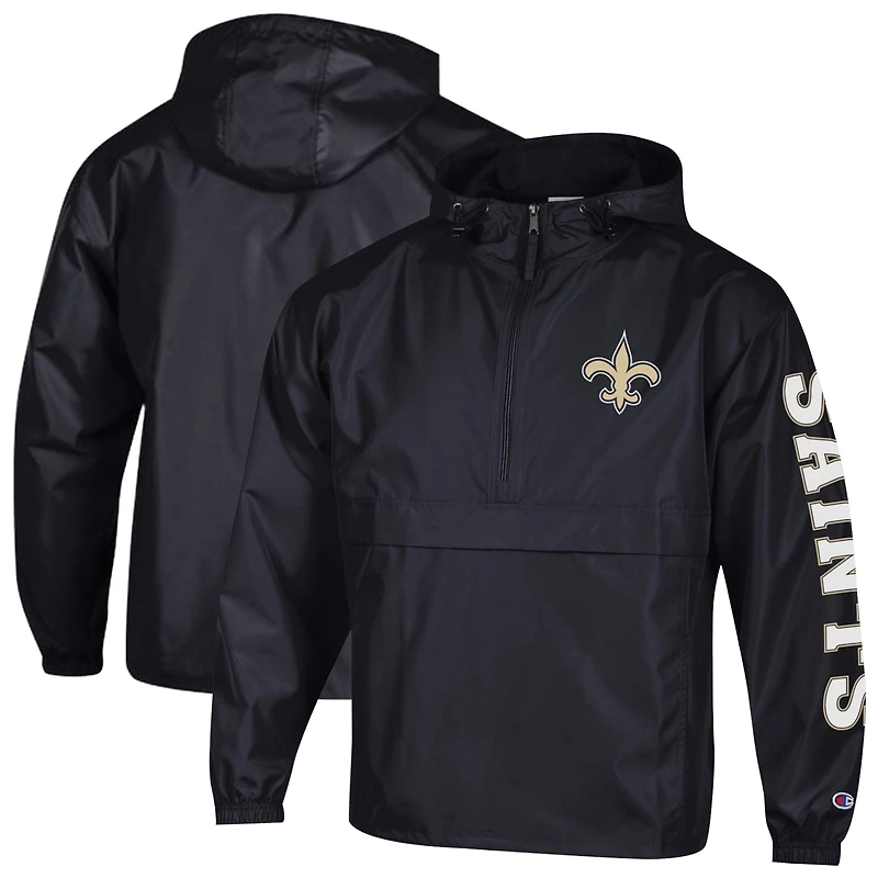 Veste coupe-vent à capuche pliable demi-zip Champion noire pour homme, modèle New Orleans Saints