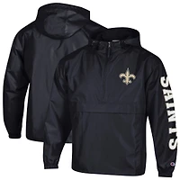 Veste coupe-vent à capuche pliable demi-zip Champion noire pour homme, modèle New Orleans Saints