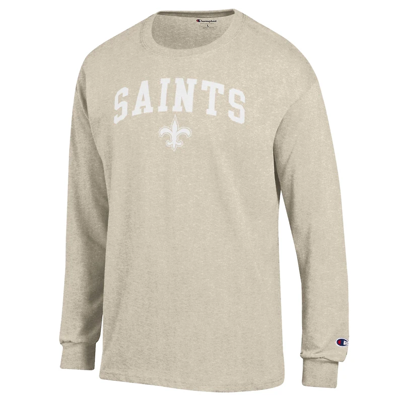 Men's Champion Heather Oatmeal New Orleans Saints White Ink Jersey Long Sleeve T-Shirt