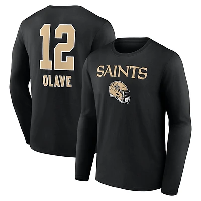 T-shirt à manches longues noir Chris Olave pour homme, avec nom et numéro de l'équipe des Saints la Nouvelle-Orléans