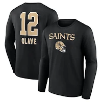 T-shirt à manches longues noir Chris Olave pour homme, avec nom et numéro de l'équipe des Saints la Nouvelle-Orléans
