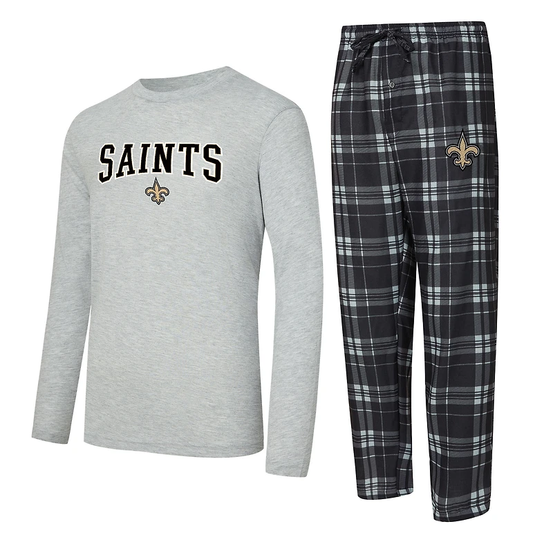 Ensemble t-shirt à manches longues et pantalon carreaux New Orleans Saints Regulate noir/gris chiné Concepts Sport pour homme