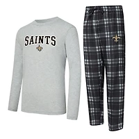 Ensemble t-shirt à manches longues et pantalon carreaux New Orleans Saints Regulate noir/gris chiné Concepts Sport pour homme