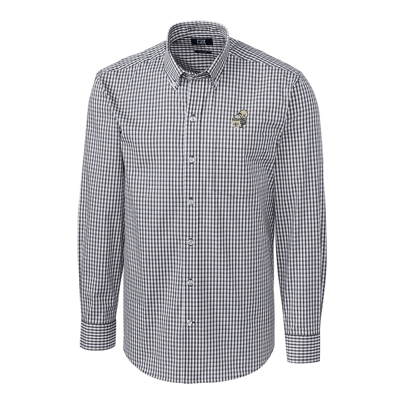 Chemise boutonnée à manches longues pour homme, couleur anthracite, avec logo rétro des Saints de la Nouvelle-Orléans, facile d'entretien, en vichy extensible, grande taille
