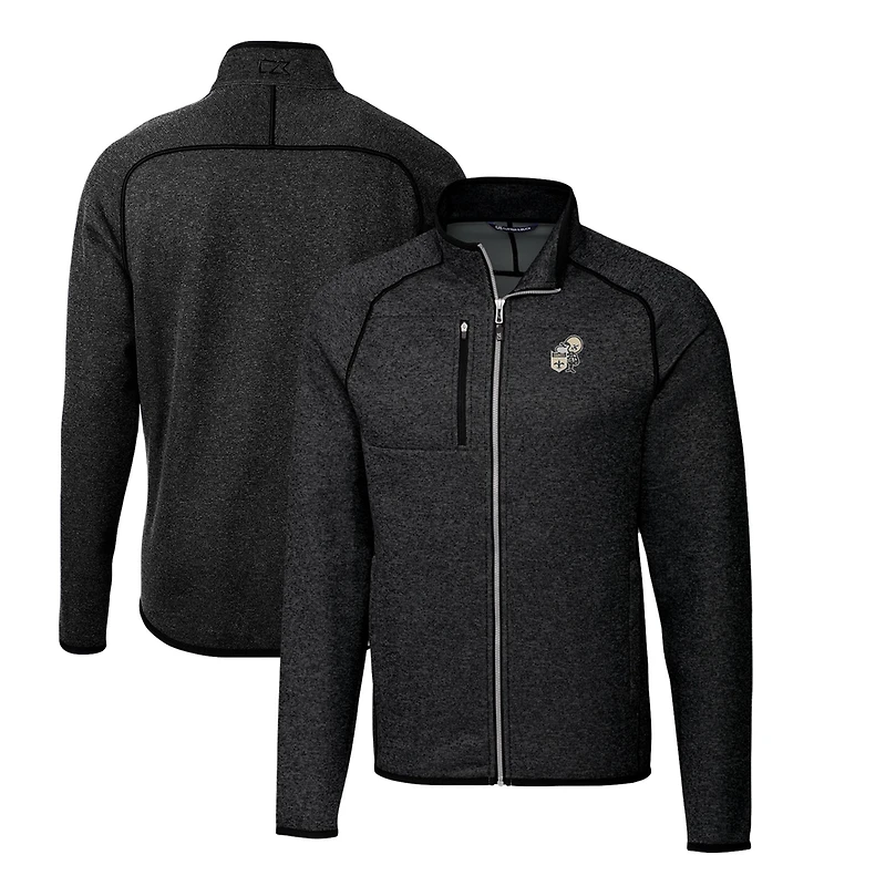 Men's Cutter & Buck Heather Charcoal New Orleans Saints Throwback Logo Mainsail Sweater-Knit Big Tall Full-Zip Pullover Jacket