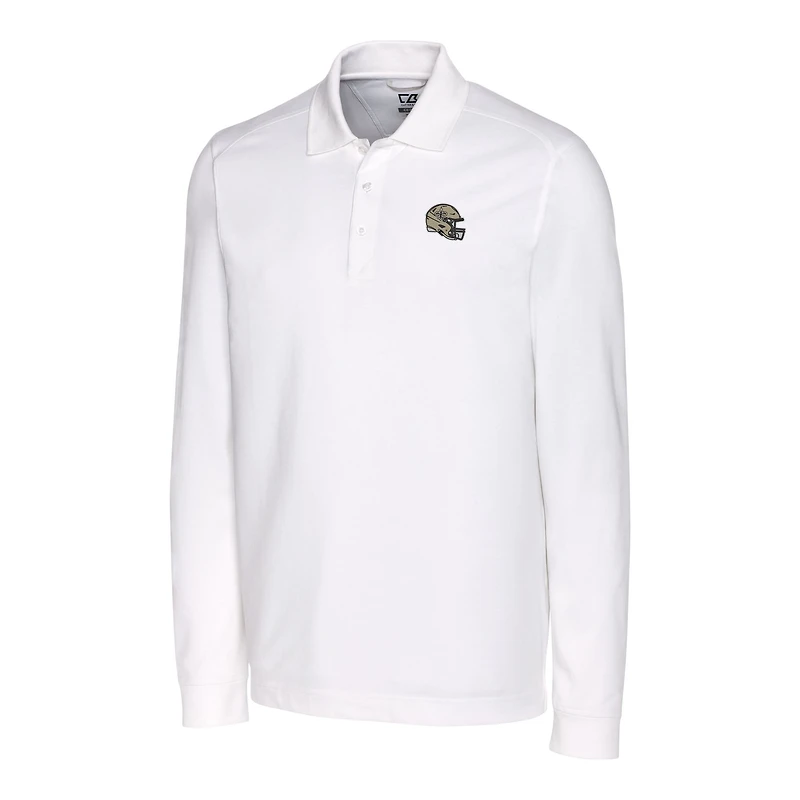 Polo à manches longues piqué tri-blend blanc Cutter & Buck pour homme, motif casque des Saints de la Nouvelle-Orléans