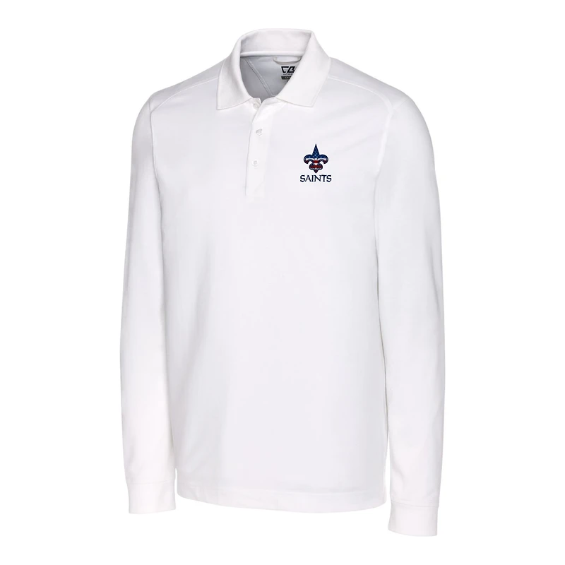 Polo piqué à manches longues blanc Cutter & Buck des Saints de la Nouvelle-Orléans pour homme