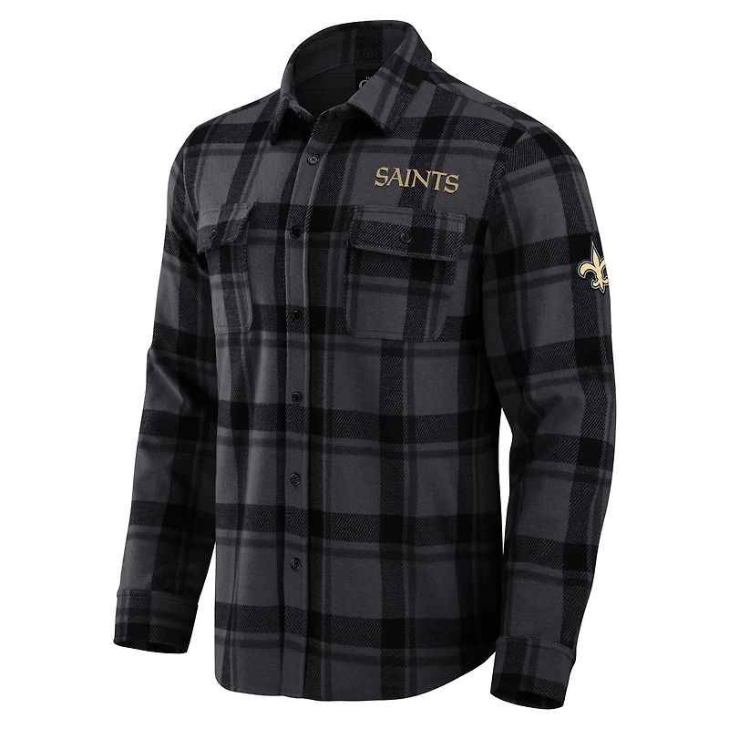 Chemise boutonnée décontractée à carreaux tri-blend pour homme, collection Darius Rucker par Fanatics, noire, des Saints de la Nouvelle-Orléans