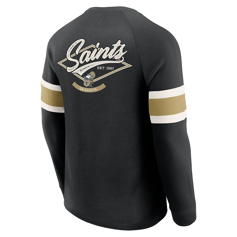 Men's Darius Rucker Collection by Fanatics Black New Orleans Saints Waffle-Knit Raglan Long Sleeve Henley T-Shirt