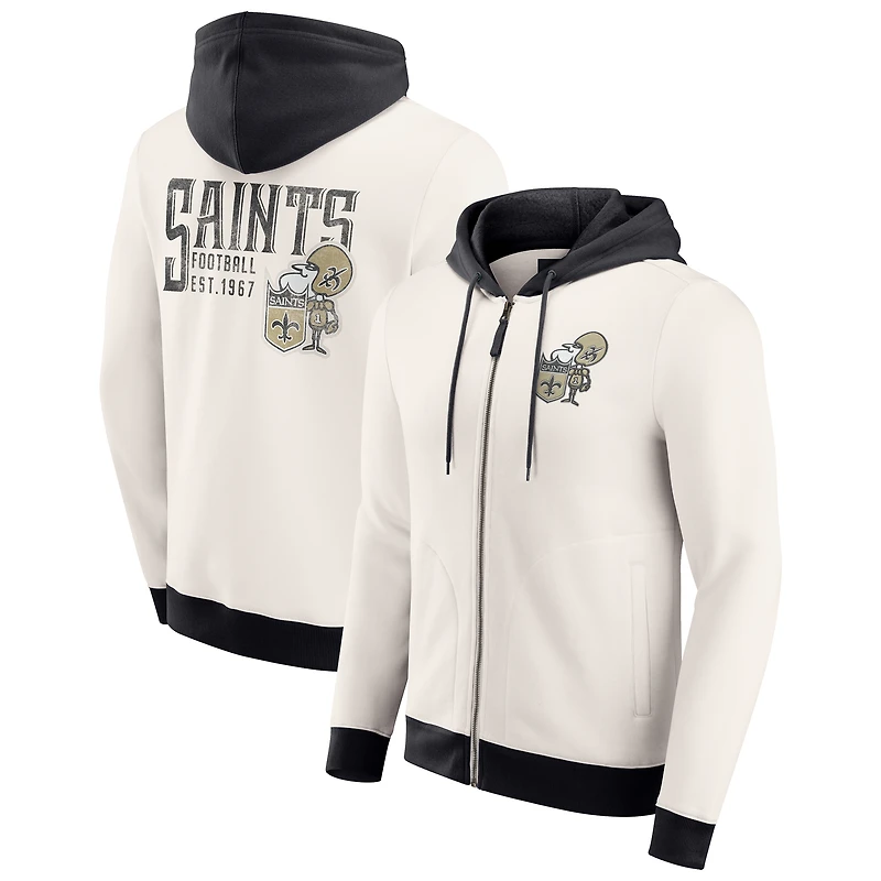 Sweat à capuche zippé pour homme de la collection Darius Rucker par Fanatics, couleur crème, motif New Orleans Saints, effet vieilli