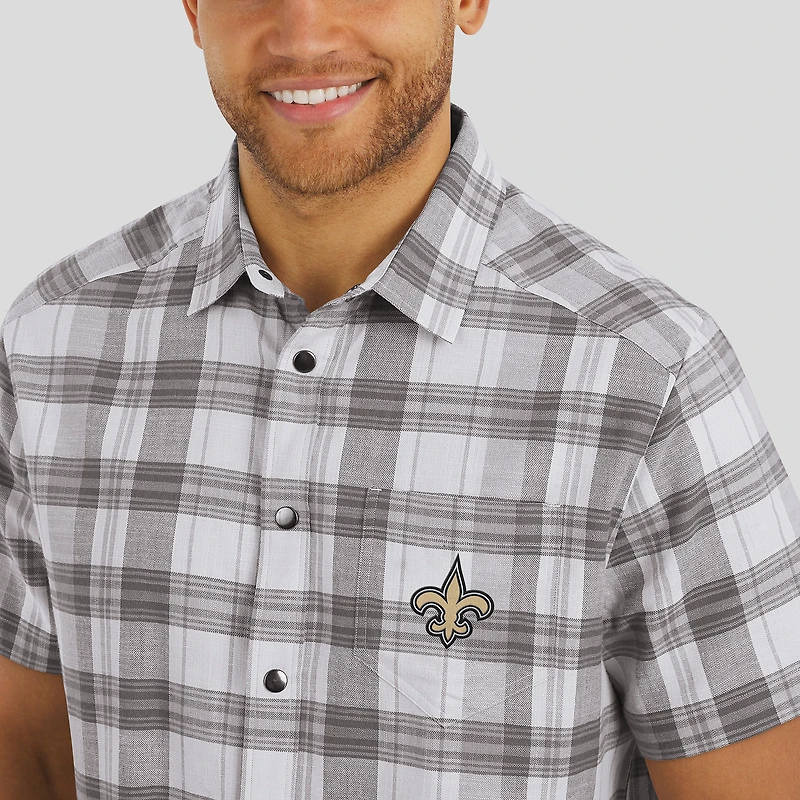 Men's Darius Rucker Collection by Fanatics Gray New Orleans Saints Team Plaid Short Sleeve Full-Snap Shirt