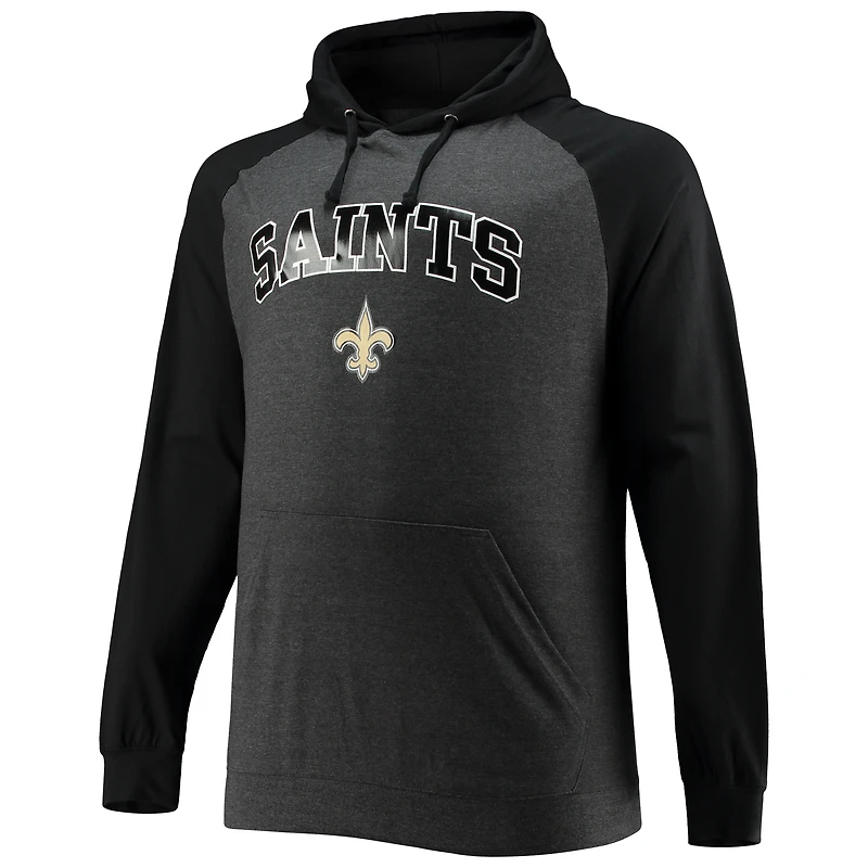 Men's Fanatics Black/Heathered Charcoal New Orleans Saints Big & Tall Lightweight Raglan Pullover Hoodie