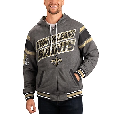 Veste à capuche réversible zippée intégrale G-III Sports by Carl Banks grise et noire New Orleans Saints Extreme pour homme