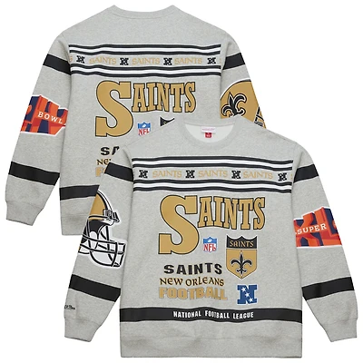 Sweat-shirt ras du cou en polaire vintage à imprimé intégral Mitchell & Ness gris chiné New Orleans Saints pour homme