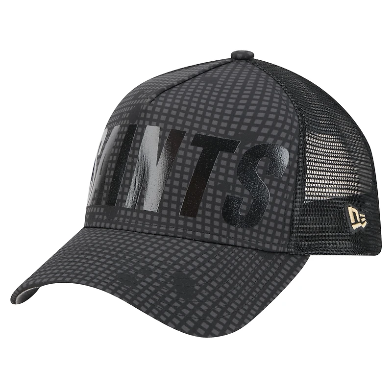 Men's New Era Black New Orleans Saints  Midnight Ink Tonal Text A-Frame Trucker 9FORTY Adjustable Hat