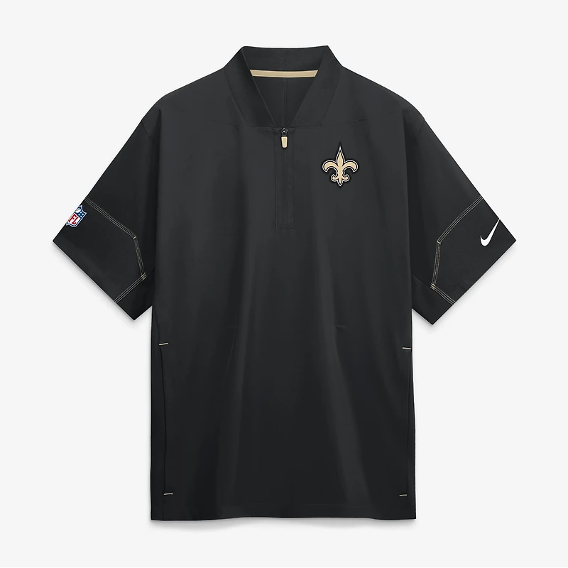 Veste d'entraîneur Nike noire pour homme, manches courtes, fermeture éclair au quart, New Orleans Saints Sideline.