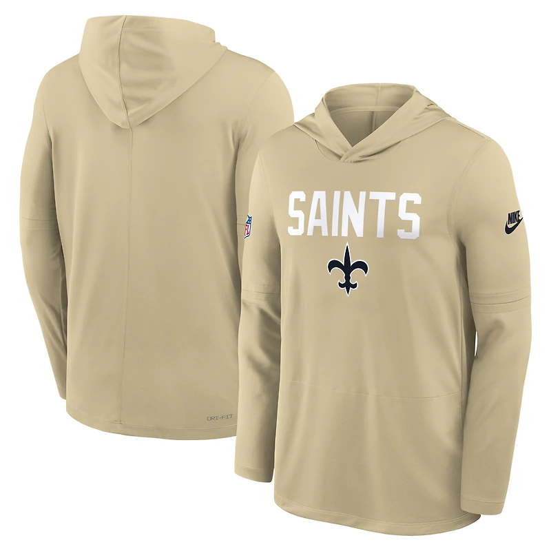 T-shirt à capuche manches longues Nike Gold New Orleans Saints Sideline Pass Accuracy Dri-FIT pour homme
