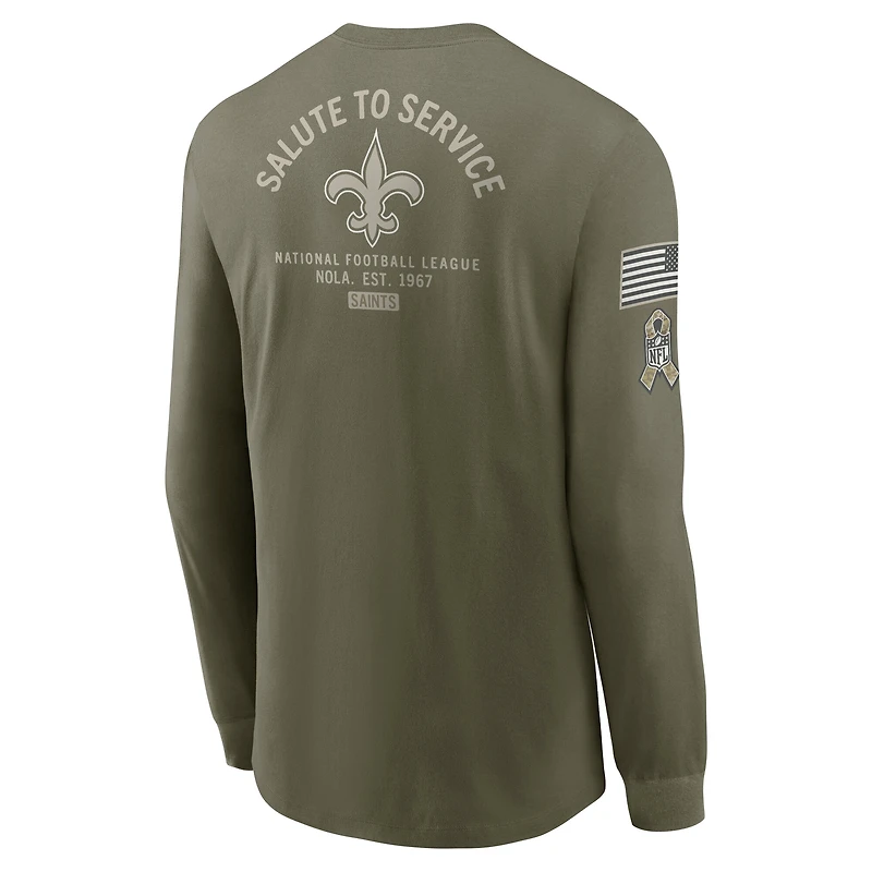 T-shirt Nike olive à manches longues pour homme New Orleans Saints 2025 Salute to Service Sideline