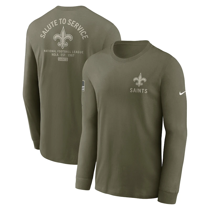 T-shirt Nike olive à manches longues pour homme New Orleans Saints 2025 Salute to Service Sideline
