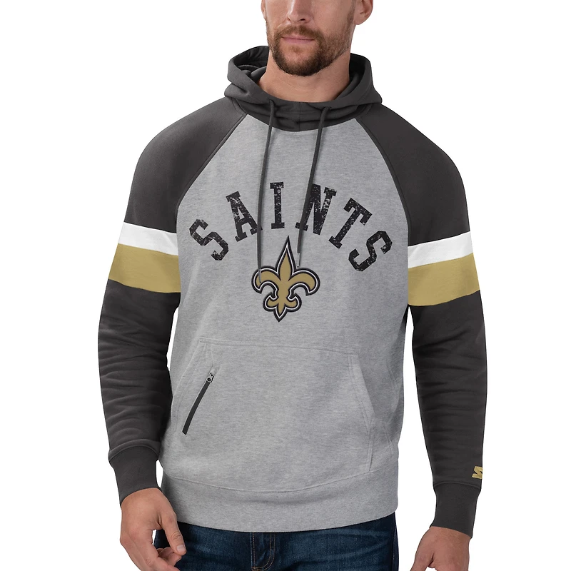 Men's Starter Heathered Gray/Black New Orleans Saints Home Run Raglan Pullover Hoodie