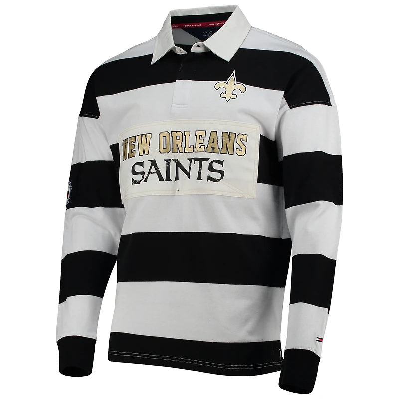 Men's Tommy Hilfiger Black/White New Orleans Saints Varsity Stripe Rugby Long Sleeve Polo