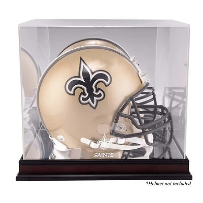 Vitrine de présentation du logo du casque des Saints de la Nouvelle-Orléans en acajou avec dos miroir
