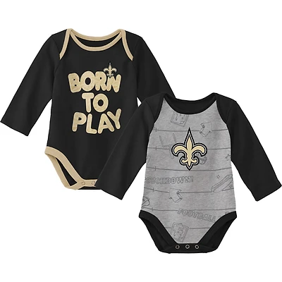Lot de deux bodys à manches longues New Orleans Saints Born To Win pour nouveau-né et bébé noir/gris chiné
