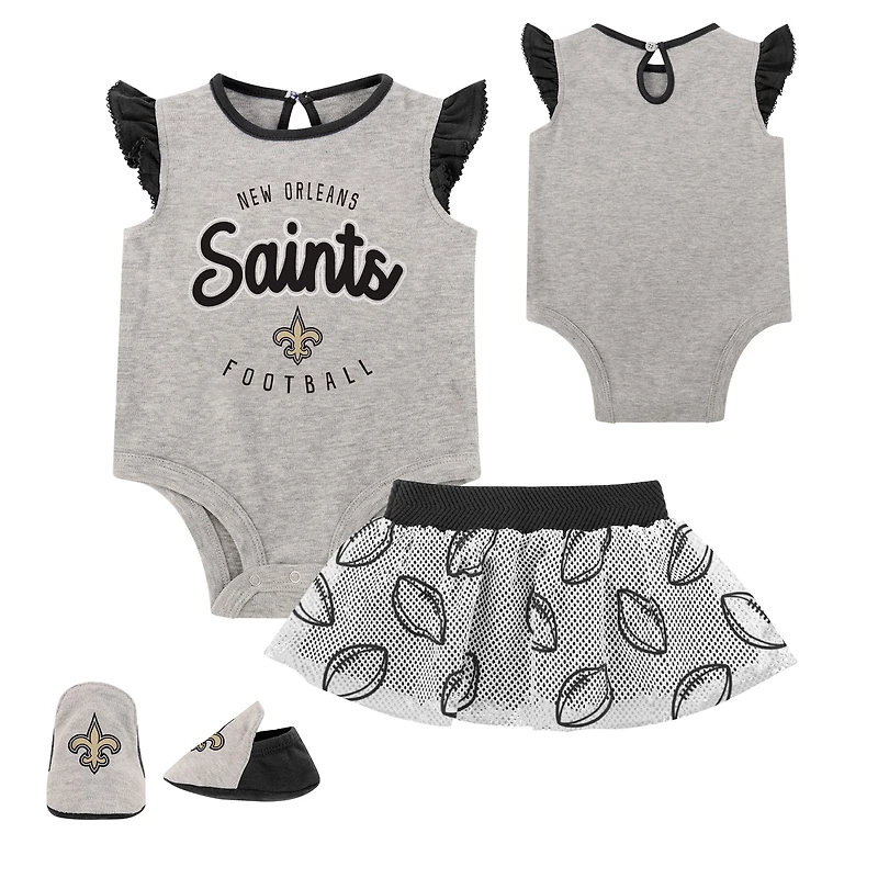 Newborn Heather Gray/Black New Orleans Saints All Dolled Up Three-Piece Bodysuit, Skirt & Booties Set