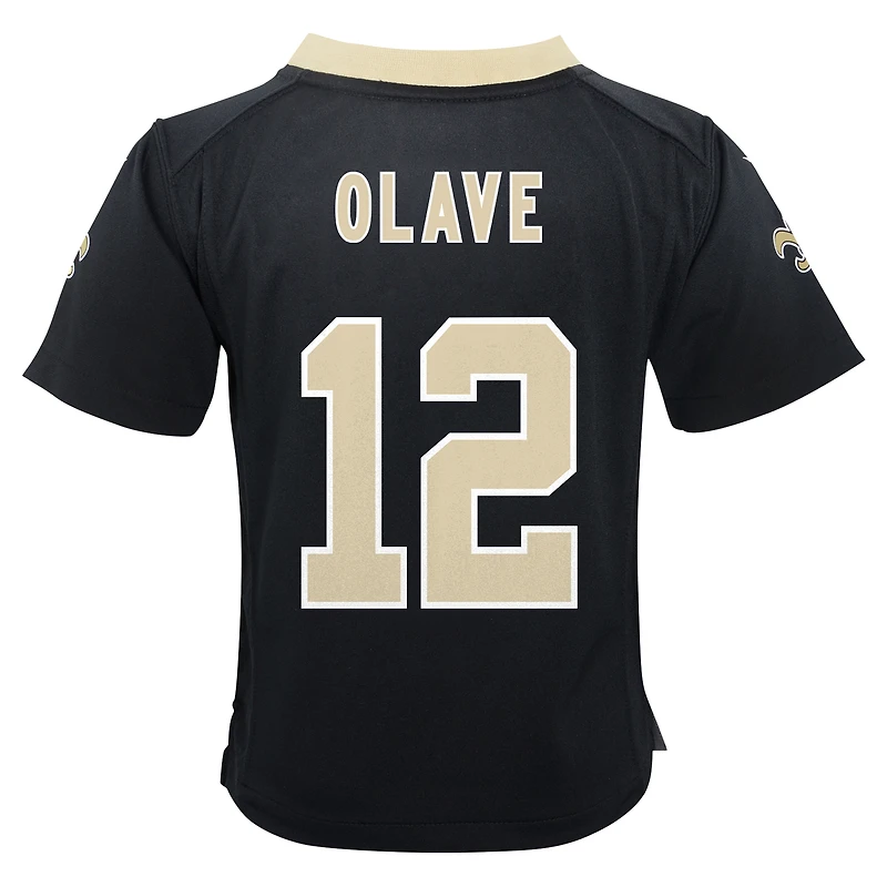 Maillot de jeu joueur Nike Chris Olave noir des New Orleans Saints pour enfants d'âge préscolaire