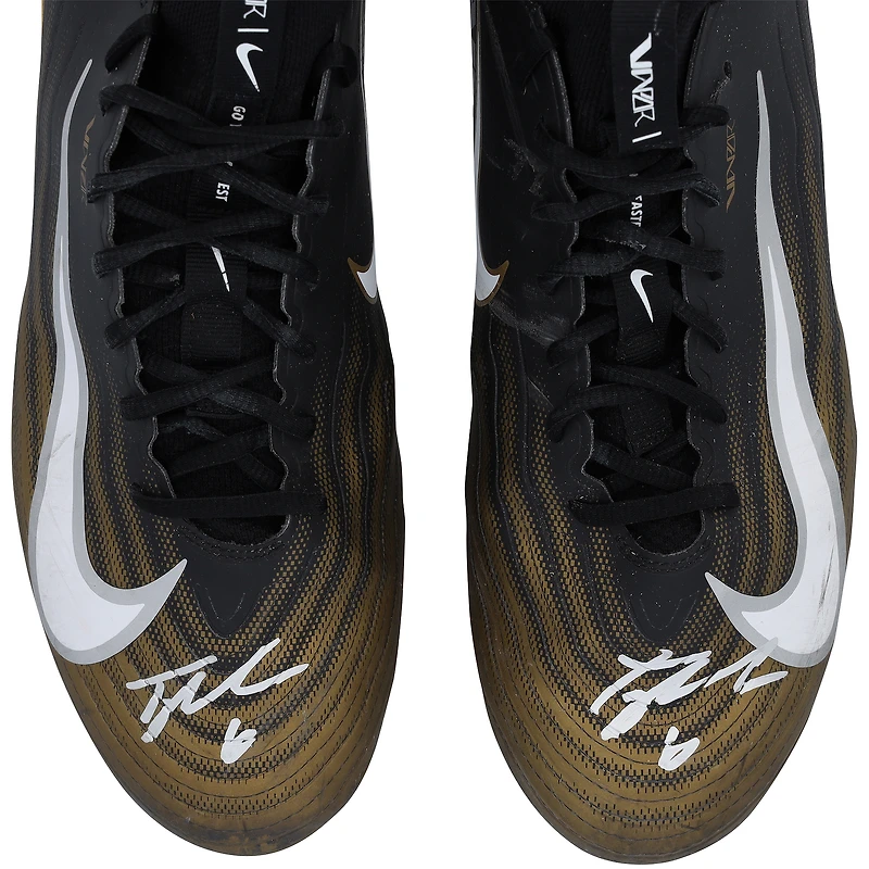 Tyler Shough New Orleans Saints Autographed Game-Used /Gold Nike Cleats from the 2025-26 NFL Season