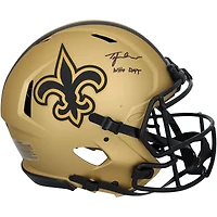 Casque Riddell Rave Speed ​​Authentic autographié par Tyler Shough, joueur des New Orleans Saints, avec inscription « Who Dat ».