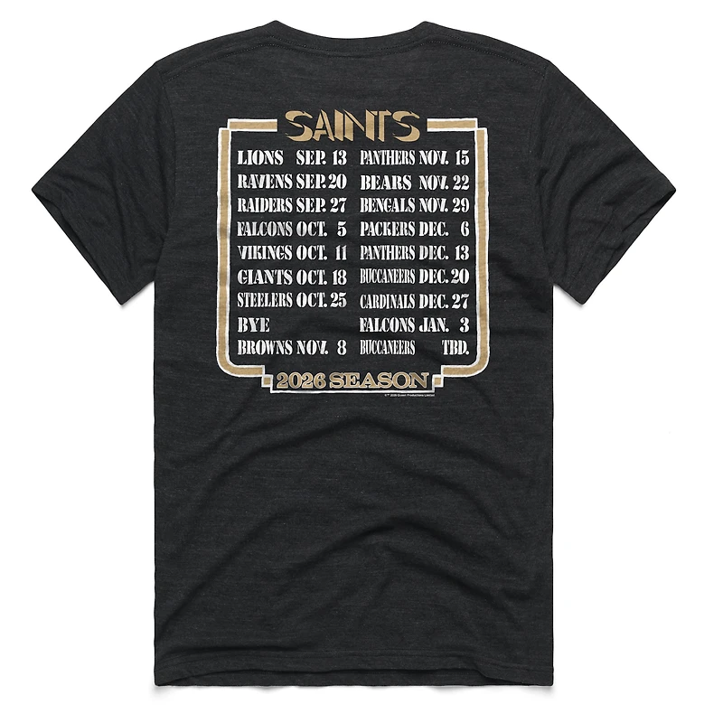 Unisex Homage Charcoal New Orleans Saints 2026 NFL Schedule Queen Tri-Blend T-Shirt