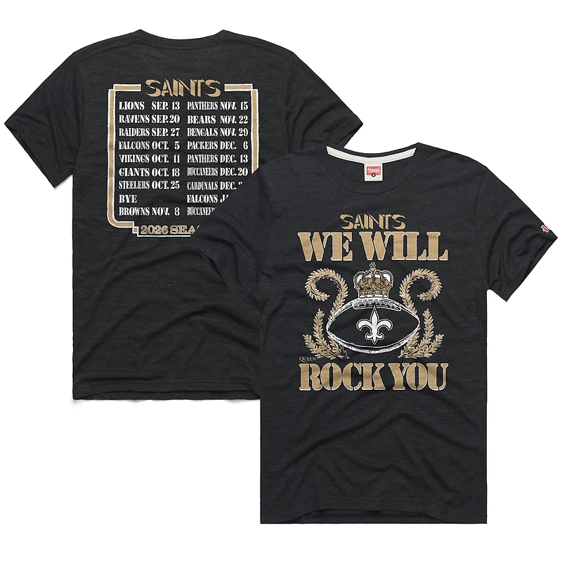 Unisex Homage Charcoal New Orleans Saints 2026 NFL Schedule Queen Tri-Blend T-Shirt