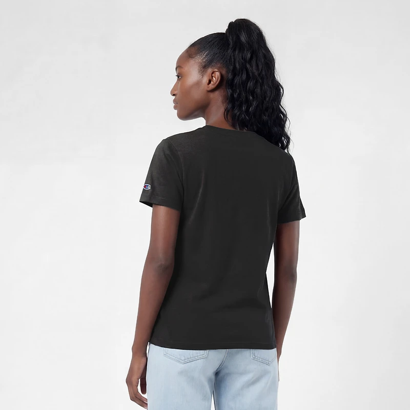 T-shirt noir Champion pour femmes avec logo des Saints de la Nouvelle-Orléans