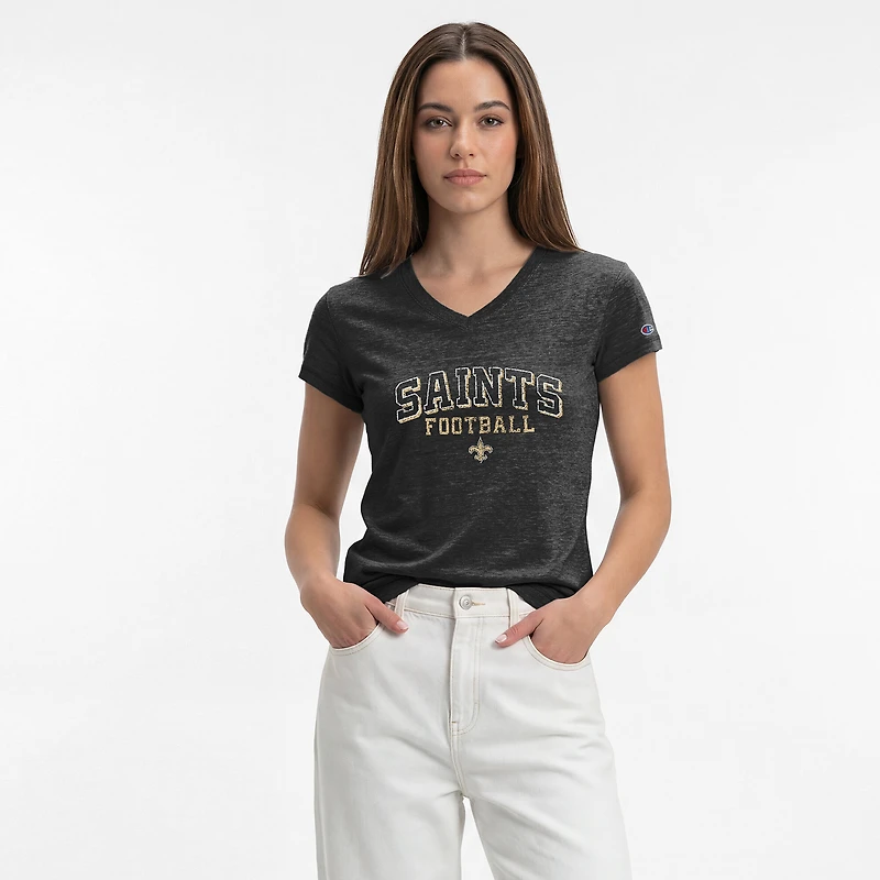 T-shirt à col en V Champion noir pour femme, motif tri-blend New Orleans Saints Triumph