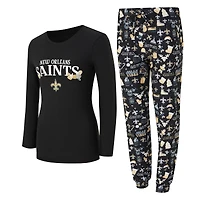 Women's Concepts Sport Black New Orleans Saints Chesnut Long Sleeve T-Shirt and Pant Sleep Set