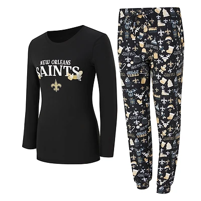 Women's Concepts Sport Black New Orleans Saints Chesnut Long Sleeve T-Shirt and Pant Sleep Set