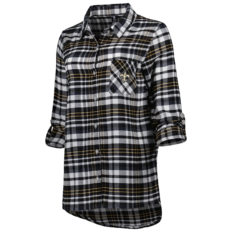 Chemise de nuit à manches longues et carreaux New Orleans Saints Mainstay pour femme Concepts Sport Noir
